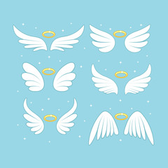 Fototapeta na wymiar Sparkle angel fairy wings with gold nimbus, halo isolated on background. Vector cartoon design.