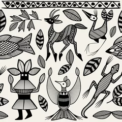 Peel and stick wall murals Draw African Senufo Korhogo Tribal Ethnic Art Seamless Pattern