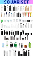 Big set vector blank templates empty and clean multicolor plastic and glass containers:  bottles with spray, dispenser and dropper, cream jar, tube.  Realistic 3d mockup of cosmetic package. Vector il