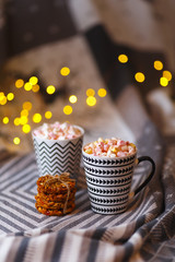 marshmallow hot drink in the cold season. home made hot chocolate with marshmallow