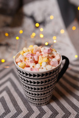 marshmallow hot drink in the cold season. home made hot chocolate with marshmallow.