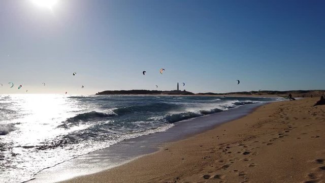 Kite surfers. Los Canos de Meca. Spain. Andalusia - slow motion footage 4k