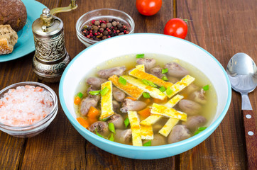 Transparent broth with chicken liver