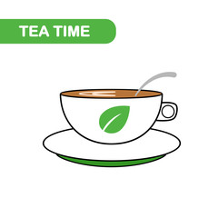 Tea cup isolated on white background.  Mug of hot herbal drinks. Breakfast time. Vector flat icon
