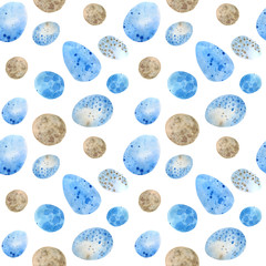Seamless pattern. Easter eggs, blue watercolor eggs, background white speckled.