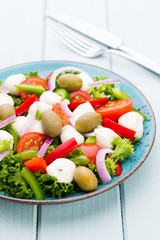 Vegetable salad with cheese mozzarella, tomatoes, basilikum and spice.