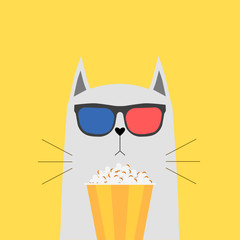 Cat in 3d glasses with box, bowl of popcorn isolated on background. Cute animal character. Movies, cinema theater, film concept. Vector flar cartoon design