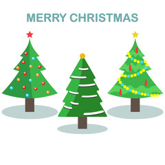 Set of christmas tree with garland, toy, snow isolated on white background. Merry xmas, happy new year concept. Vector cartoon design for greeting card.