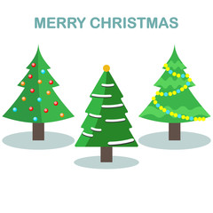 Set of christmas tree with garland, toy, snow isolated on white background. Merry xmas, happy new year concept. Vector cartoon design for greeting card.