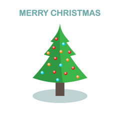 Christmas tree with ball, garland isolated on white background. Merry xmas, happy new year concept. Vector cartoon design for greeting card.