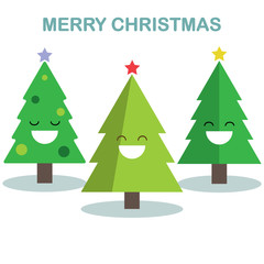 Set of christmas tree with smile face isolated on white background. Merry xmas, happy new year concept. Vector cartoon design for greeting card.