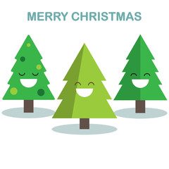 Set of christmas tree with smile face isolated on white background. Merry xmas, happy new year concept. Vector cartoon design for greeting card.