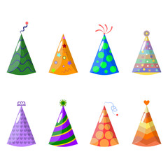 Set of birthday party hat isolated on blue background. Carnival festive cap for celebration holiday. Happy new year, christmas concept. Vector cartoon design