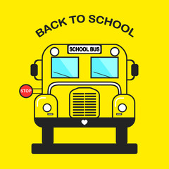Fototapeta premium Yellow school bus in front view with stop sign isolated on background. Education, teaching concept. Vector flat cartoon design