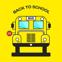 Yellow school bus in front view with stop sign isolated on background. Education, teaching concept. Vector flat cartoon design