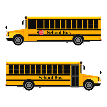 Yellow school bus in two view with stop sign isolated on white background. Vector flat design