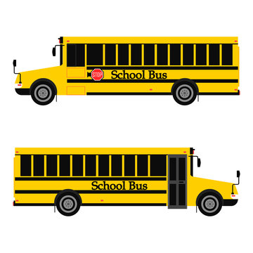 Yellow school bus in two view with stop sign isolated on white background. Vector flat design