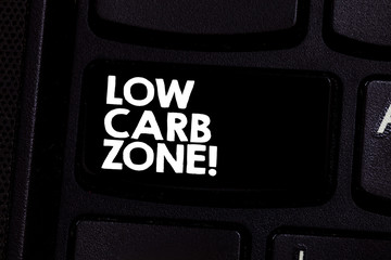 Conceptual hand writing showing Low Carb Zone. Business photo text Healthy diet for losing weight eating more proteins sugar free Keyboard key Intention to create computer message idea