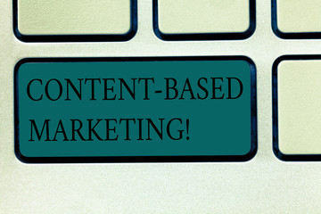 Fototapeta premium Word writing text Content Based Marketing. Business concept for Advertising creating distributing valuable data Keyboard key Intention to create computer message pressing keypad idea