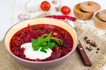 Delicious hot vegetable soup with beetroot, Russian borscht