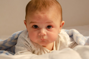 cute 4 months old baby boy having tummy time on white quilt covered with blue blanket