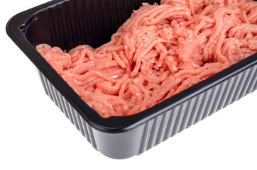 Minced meat in black plastic container