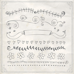 Hand drawn line border frame design elements set