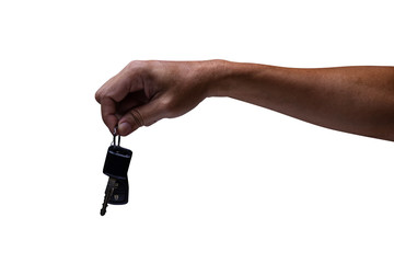 man hand holding car keys isolated on white background. Close up