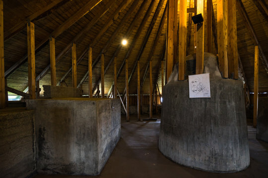 Inside the round tower of Munkholmen island used as fortress, prison and anti-aircraft gun station by Nazi German during WWII. Trondheim, Norway, August 2018