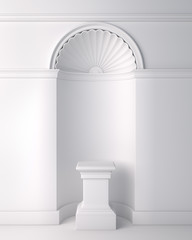 White classic pedestal podium for product display mock up. Creative design concept, 3D rendering illustration.