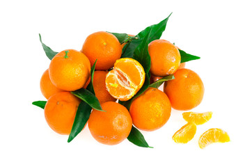 Bunch of fresh tangerines with leaves isolated on white background