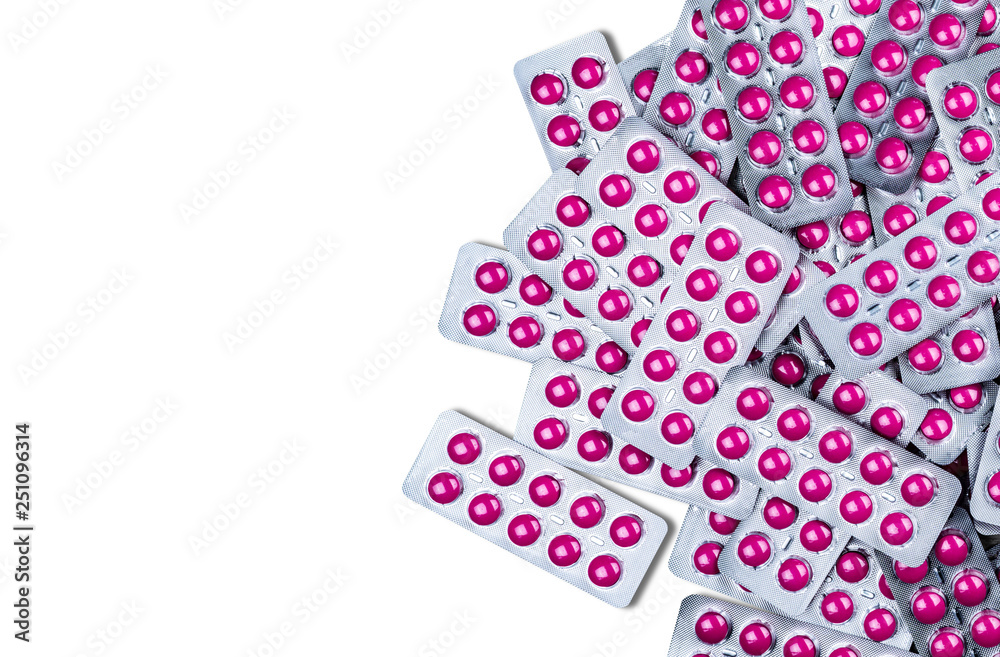 Wall mural ibuprofen in pink tablet pills in blister pack isolated on white background with copy space. ibuprof