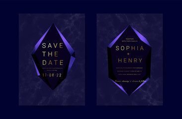 Marble wedding invitation cards with indigo and gold texture background - vector.