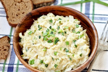 homemade crumpled potatoes with cabbage and green onions. Colcannon Irish Mashed Potatoes St Patrick day food. puree with green onions