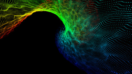 Fantasy colorful textured abstract particle network, science, technology motion background. Depth of field settings. 