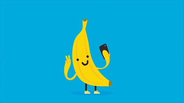 Cute kawaii banana taking selfie with mobile phone. HD cartoon animation on blue background.
