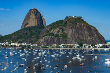 Exotic mountains. Famous mountains. Mountain of the Sugar Loaf in Rio de Janeiro, Brazil South America. Panoramic view of boats and yachts in the marina. 