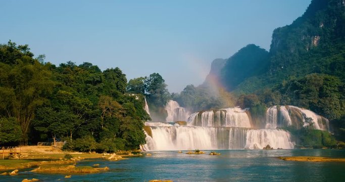 Beautiful waterfall rainbow. Ban Gioc waterfall or Detian waterfall is a collective name for two waterfalls in border Cao Bang, Vietnam and Daxin County, China. Amazing landscape in Vietnam and China