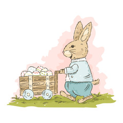 Cute cartoon rabbit with eggs, water colour style, Vector Illustration