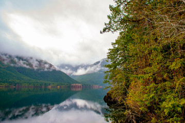 Morning fog in Sproat lake in Vancouver Island, Canada
