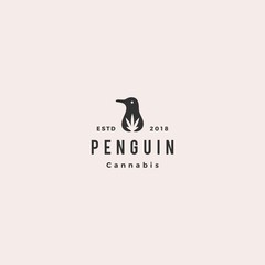 penguin cannabis CBD oil hemp leaf logo hipster vintage retro vector icon illustration