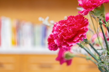 beautiful carnations inside a room with books