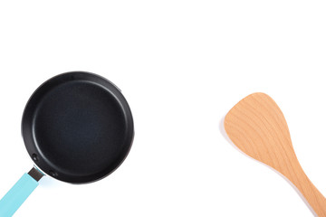 top view small metal pan and wooden spatula with clipping path