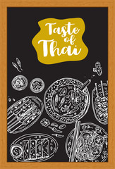 Hand drawn top view traditional Thai food on a blackboard, Vector Illustration