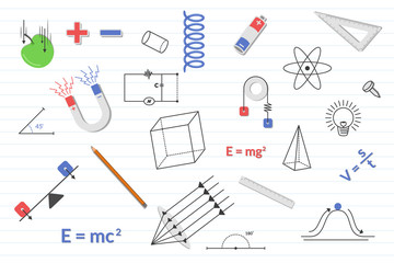 Fototapeta na wymiar physics education science with various objects and paper line background - vector illustration