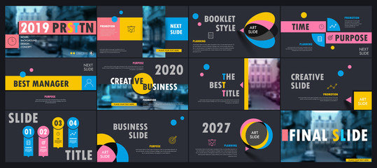 Naklejka premium Abstract blue, yellow, slides. Brochure cover design. Fancy info banner frame. Creative set of infographic elements. Urban. Title sheet model set. Modern vector. Presentation templates, corporate.