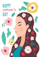 International Women’s Day. Greeting card. Vector illustration with woman with flowers. Struggle for freedom and equality. 