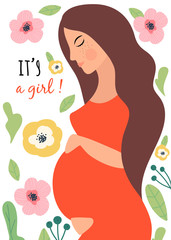 It’s a girl, greeting card.Vector illustration with pregnant woman with flowers. .Concept of family and happiness.