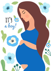 Obraz na płótnie Canvas It’s a boy, greeting card.Vector illustration with pregnant woman with flowers. .Concept of family and happiness.