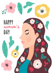 International Women’s Day. Greeting card. Vector illustration with woman with flowers. Struggle for freedom and equality. 